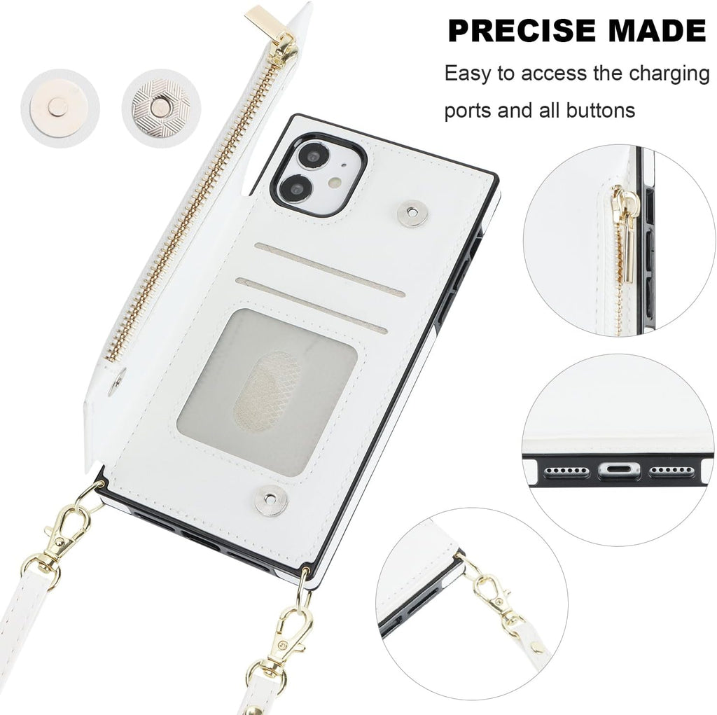 Bocasal Crossbody Wallet Case for iPhone 11 with Card Holder,Zipper Card Slot Protector Shockproof Purse Cover with Removable Cross Body Strap 6.1 Inch (White)