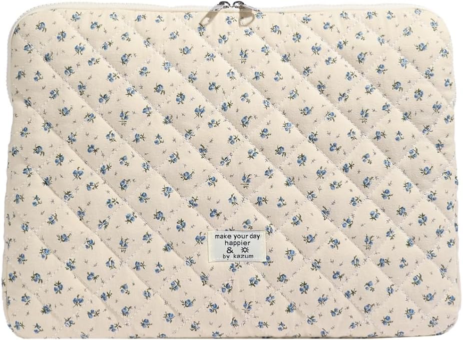 Puffy Laptop Sleeve 13-15.6 Inch Cute Quilted Laptop Protective Case Padded Floral Computer Sleeve for MacBook (A-Blue, 15 Inch)