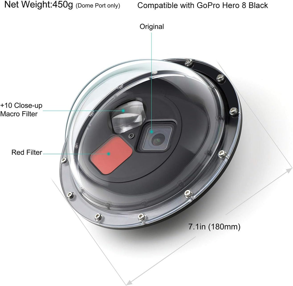 Dome Port for GoPro Hero 8 Black, Dome Port Lens with Waterproof Housing Case, Trigger, Floating Hand Grip, Built-in Switchable Red Filter and 10x Macro Filter