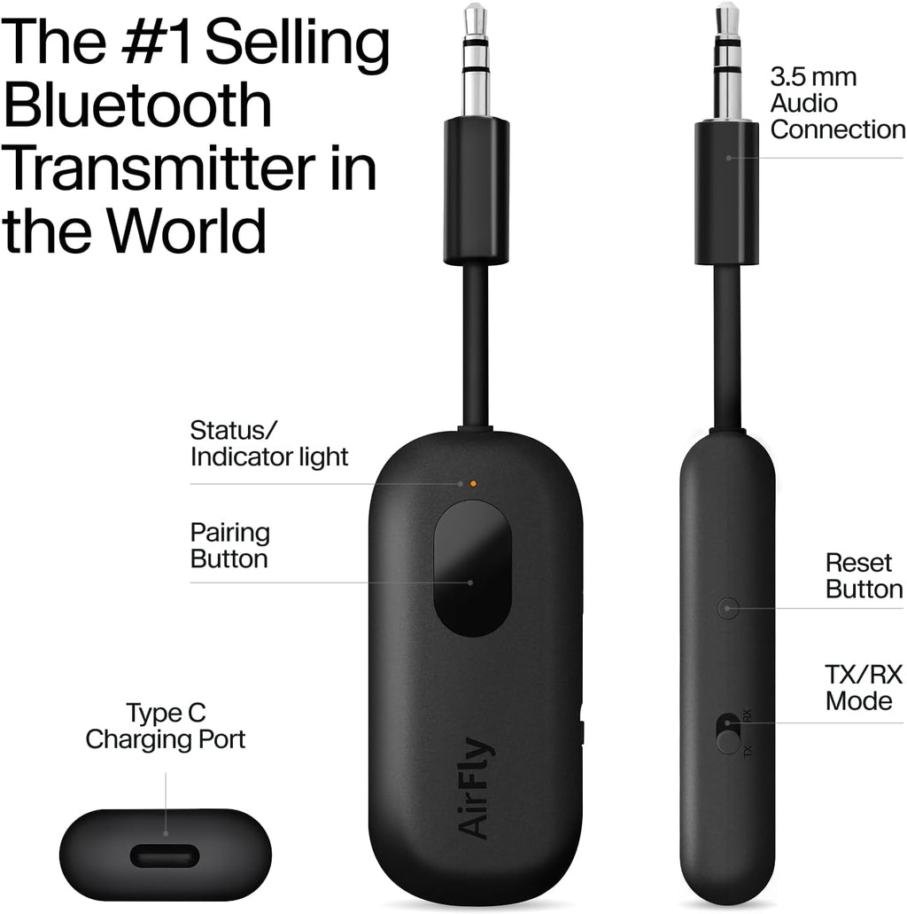 Twelve South AirFly Pro Bluetooth Wireless Audio Transmitter/Receiver for up to 2 AirPods/Wireless Headphones; Use with Any 3.5 mm Audio Jack, Black