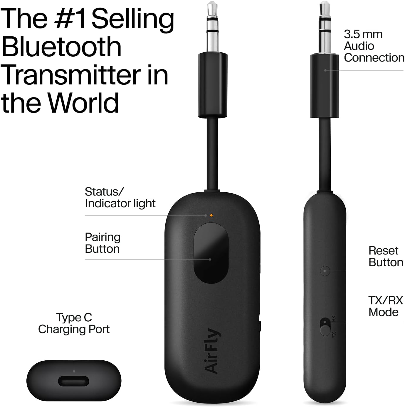 Twelve South AirFly Pro Bluetooth Wireless Audio Transmitter/Receiver for up to 2 AirPods/Wireless Headphones; Use with Any 3.5 mm Audio Jack, Black