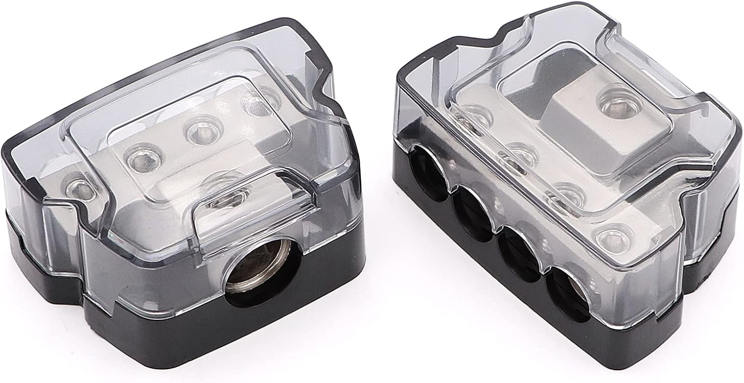 4 Way Power Distribution Block 1x 0/2/4 Gauge in 4X 4/8/10 Gauge Out Nickel Plated Car Audio Splitter Amp Distribution Connecting Block,2Pcs