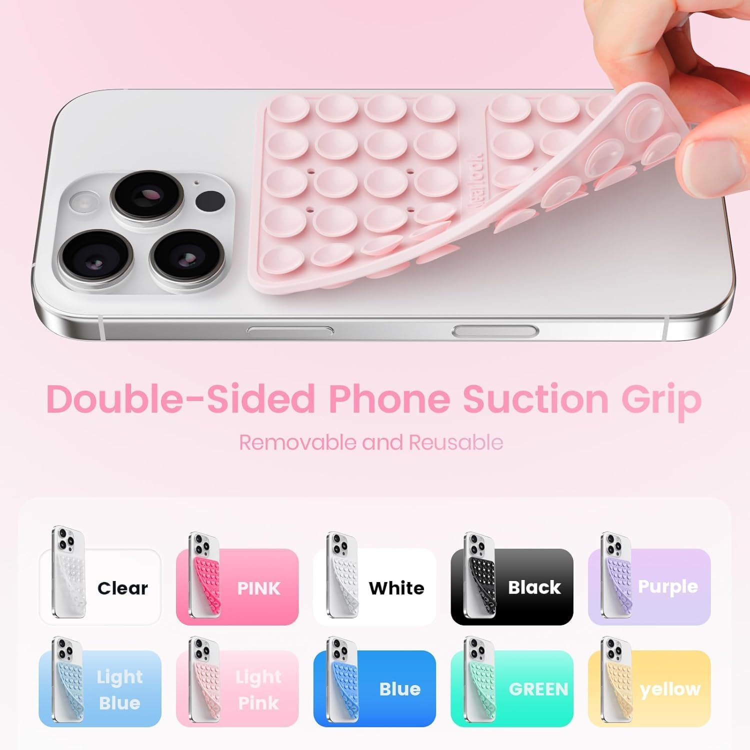 Klearlook 4Pack Silicone Suction Cup Phone Case Mount Double Sided, Sticky Phone Grip for Cell Phone, Hands-Free Phone Accessories for Selfies and Videos, Light Blue & Light Pink & Black & White
