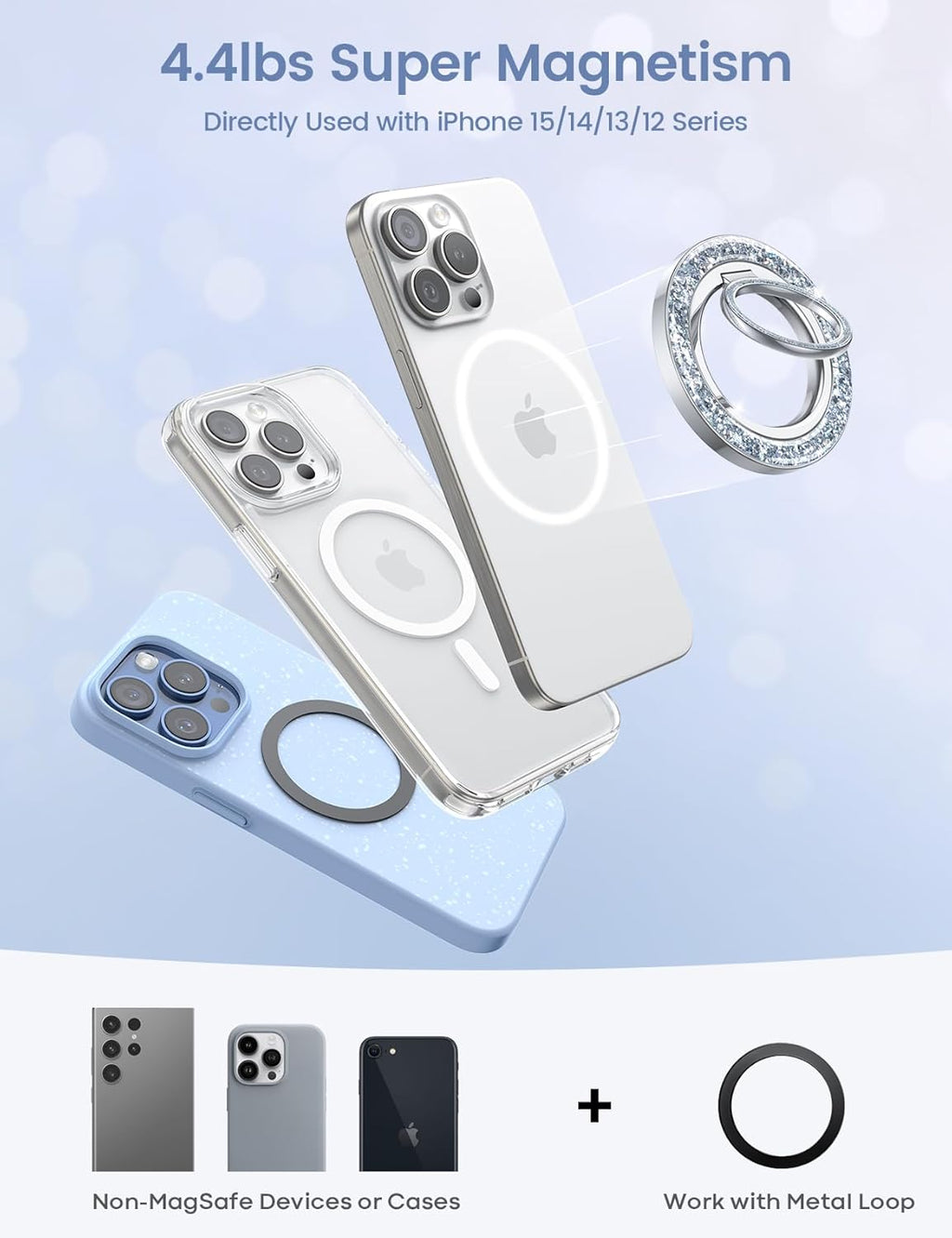 Lamicall Magnetic Phone Ring for MagSafe Grip - 2025 [Super Magnet] Stylish Twinkle Ring Holder Stand with [Upgrade Gear Hinge], Mag Safe Accessory for iPhone 16 15 14 13 Pro Max Plus, Glitter Silver
