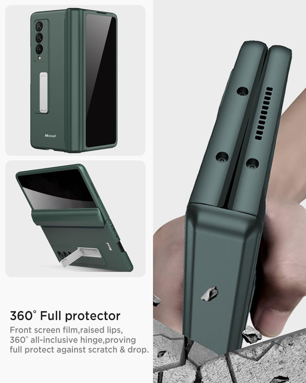 Miimall for Samsung Galaxy Z Fold 3 Case with Privacy Screen Protector, Built-in Adjustable Kickstand & Magnetic Hinge Protection All-Inclusive Protective Case for Galaxy Z Fold 3 5G Green