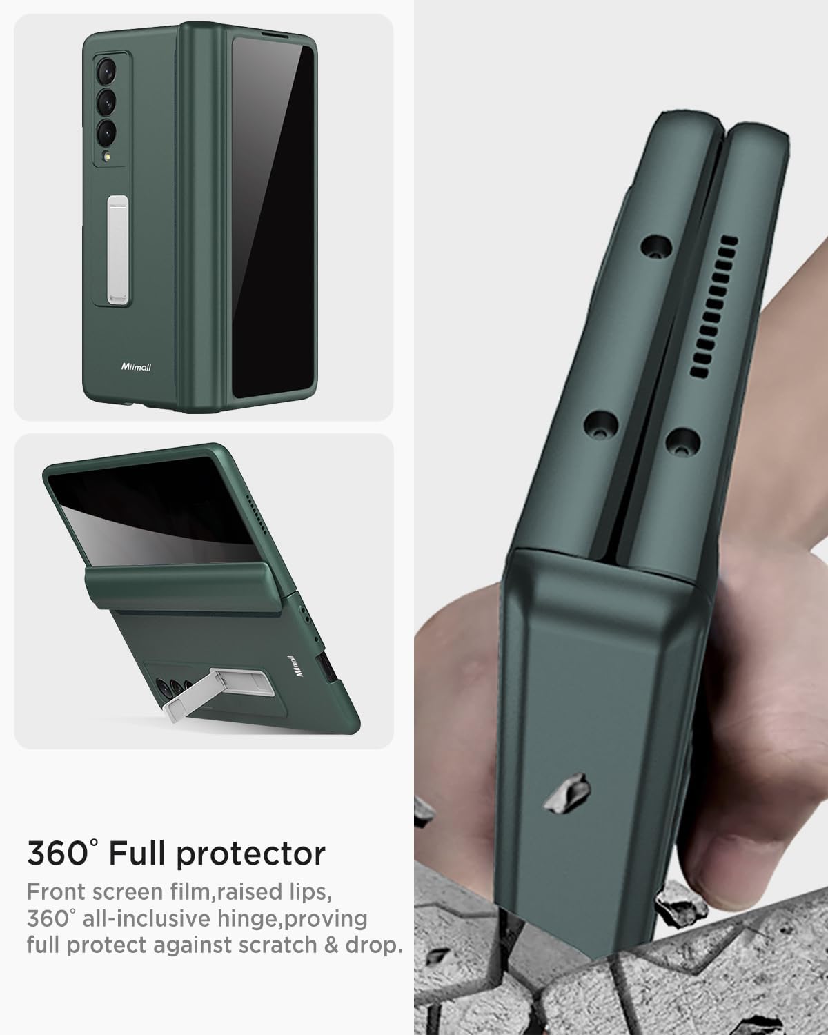 Miimall for Samsung Galaxy Z Fold 3 Case with Privacy Screen Protector, Built-in Adjustable Kickstand & Magnetic Hinge Protection All-Inclusive Protective Case for Galaxy Z Fold 3 5G Green