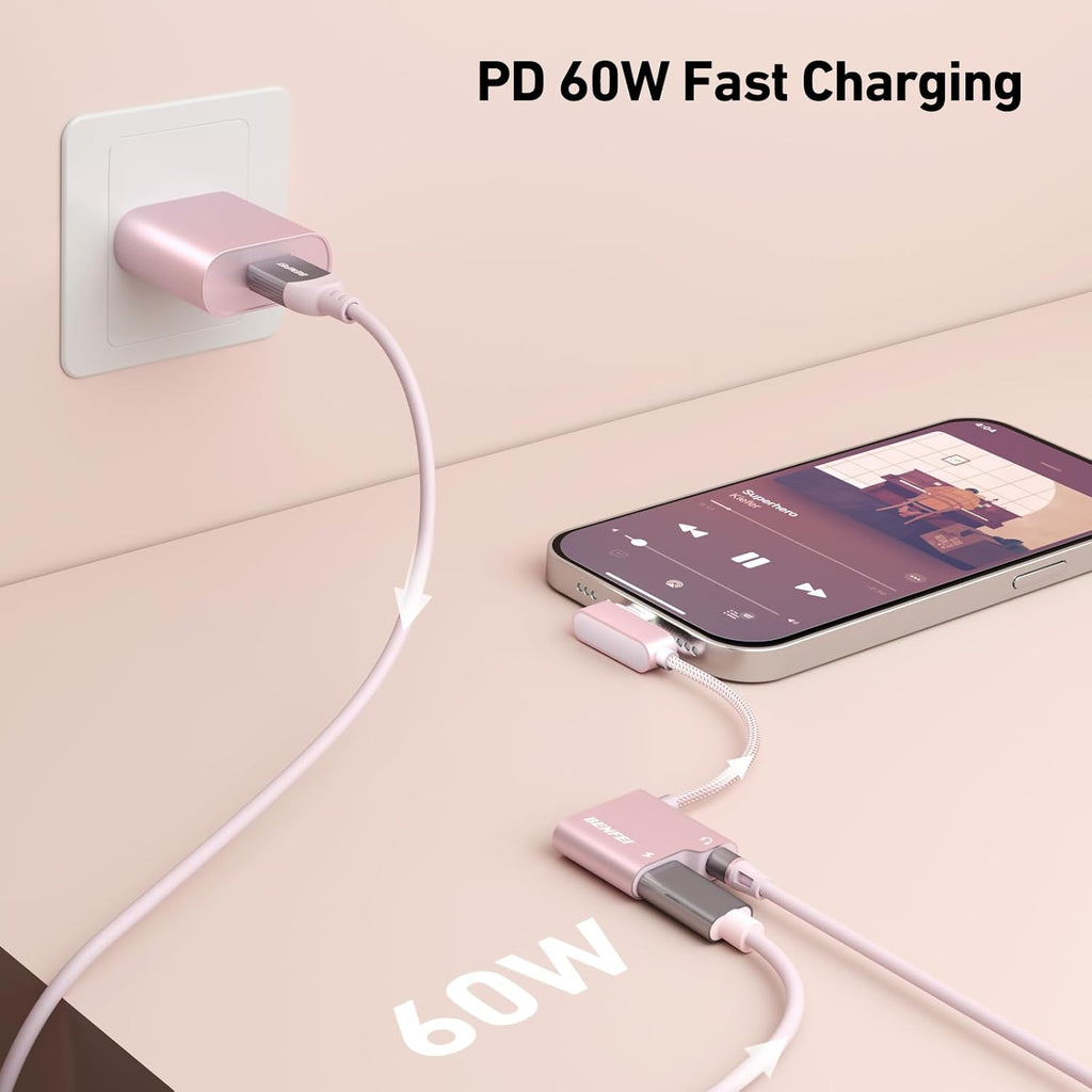 BENFEI USB C to Audio Jack Adapter with 60W Fast Charging, USB-C to 3.5mm Female Headphone Compatible with iPhone 16/15 Pro Max/Pro, Samsung Galaxy S24/S23/S22/S21 Ultra, iPad Pro, Pixel 8 Pink