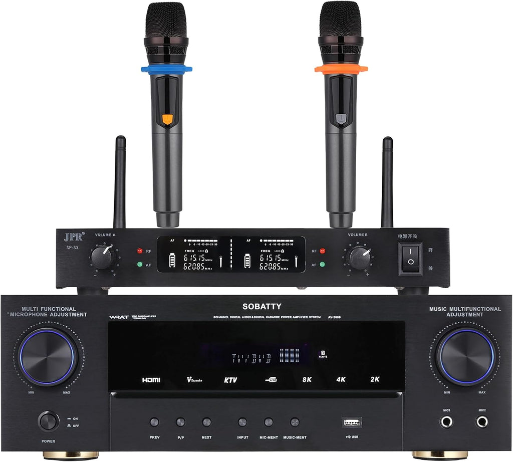 Stereo Receivers, 5.1 Channel Audio Amplifier with Bluetooth,8K Ultra HD, Optical/Coaxial USB, Subwoofer Output & Wireless Mics, Home Theater Amplifier System, for Theater Speakers