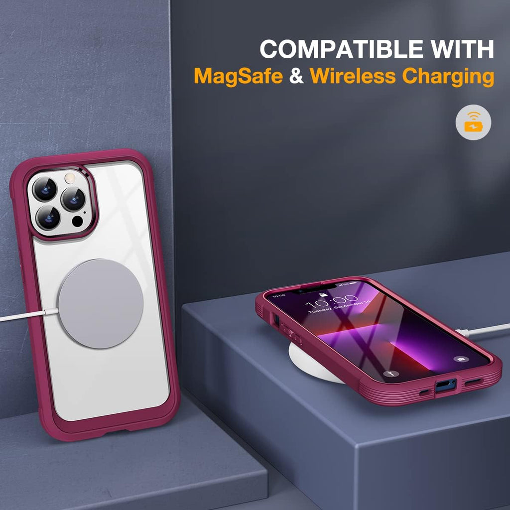Miracase Glass Case for iPhone 13 Pro Max 6.7 inch, Upgrade Full-Body Clear Bumper Case with Built-in 9H Tempered Glass Screen Protector for iPhone 13 Pro Max, Claret Red