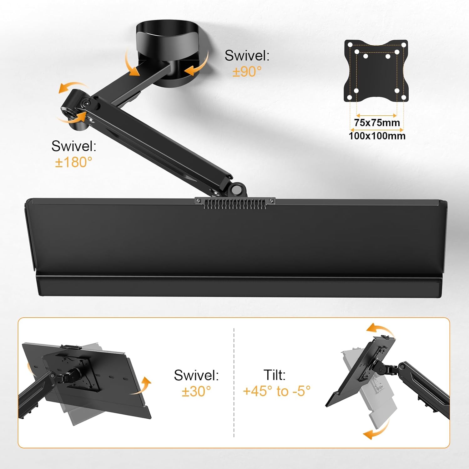 Wall Mount Keyboard Tray- Keyboard and Mouse Stand & Monitor Mount Arm,Height Adjustable Typing Platform Holds up to 26.4 lbs,Black