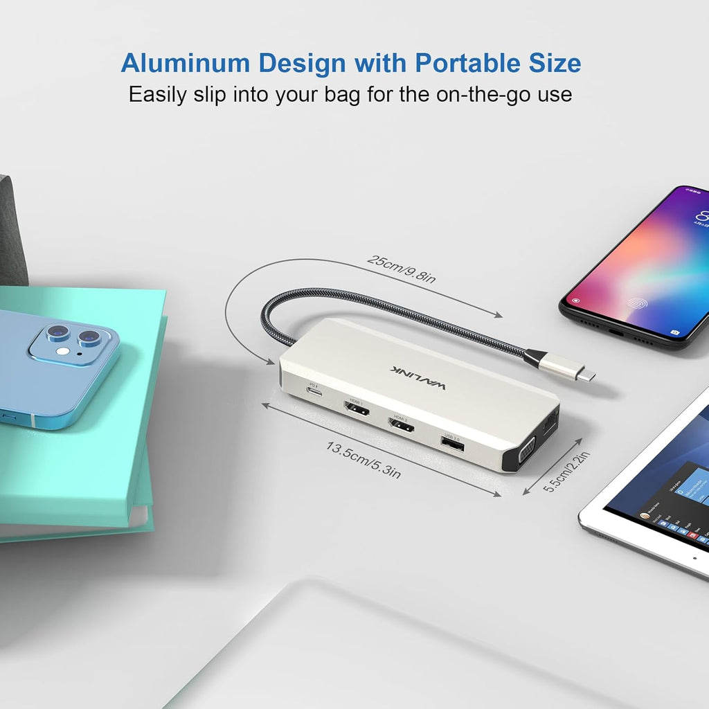 WAVLINK USB C Docking Station Dual Monitor for Dell HP Surface Lenovo MacBook Laptop, Triple Display USB-C Hub Multiport Adapter Dongle- 2 HDMI, VGA, Ethernet,100W PD, 5 USB, SD/TF Card Reader,Audio