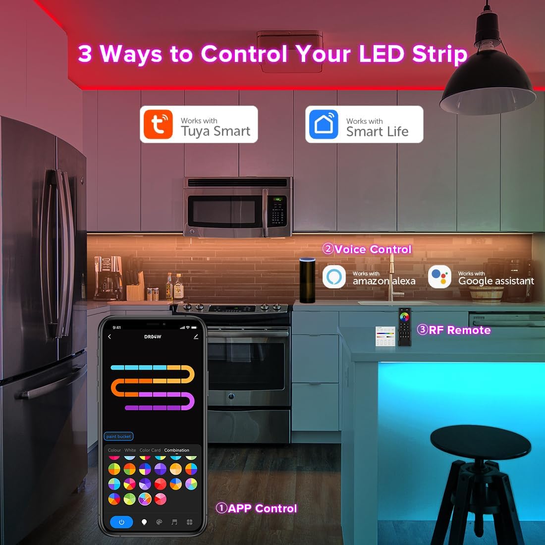 2.4G WiFi SPI RGBW Controller DR04W & RC03RF RF Remote Set, Control by Smart Life/Tuya APP/Alexa/Google Home, Support SK6812RGBW/SMD WS2814 IC etc Addressable RGBW LED Strip STA Mode