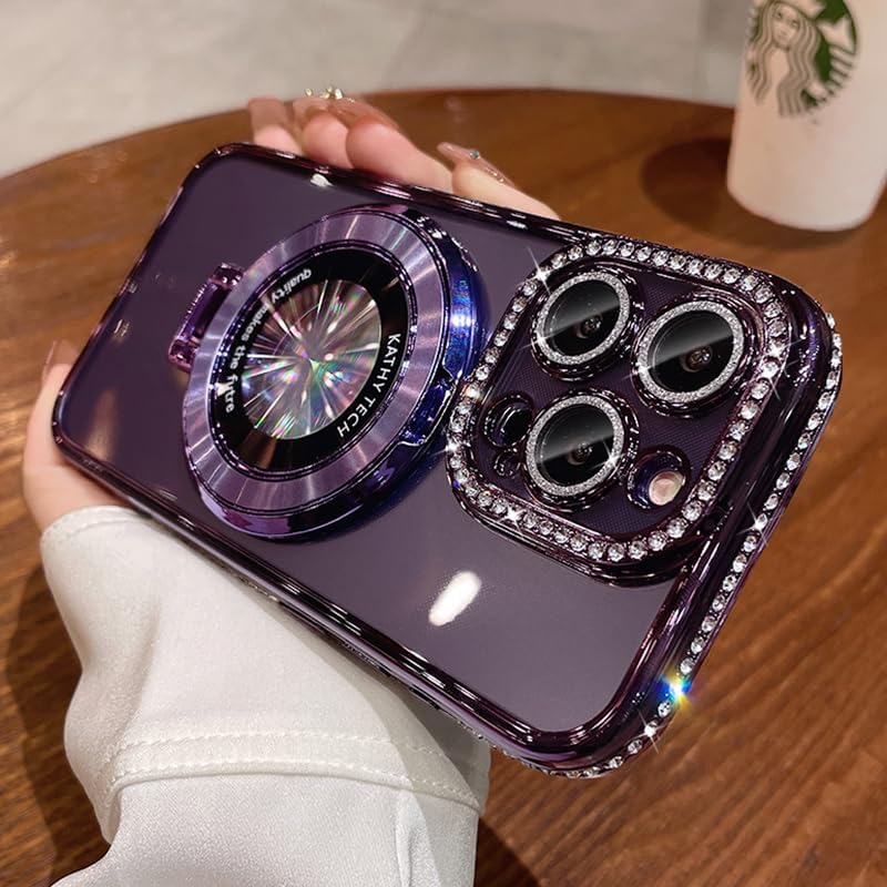 Magnetic Kickstand (Glitter Lens Protector ) Case for IPhone 15 14 13 12 Pro Max (Compatible with Magsafe ) Sparkling Diamond Cover Glitter Shiny Rhinestone Cases (Purple,for iPhone 15)