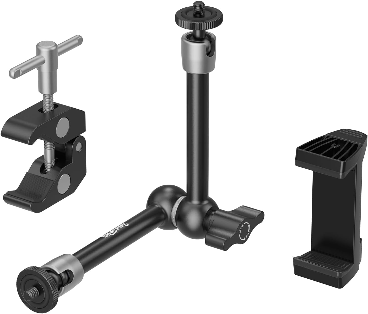 SMALLRIG Clamp w/ 1/4" and 3/8" Thread Holes, 9.8 Inches Adjustable Friction Power Articulating Magic Arm with Phone Holder for Action Cameras, Smartphones, LCD Monitor/LED Lights - 5326