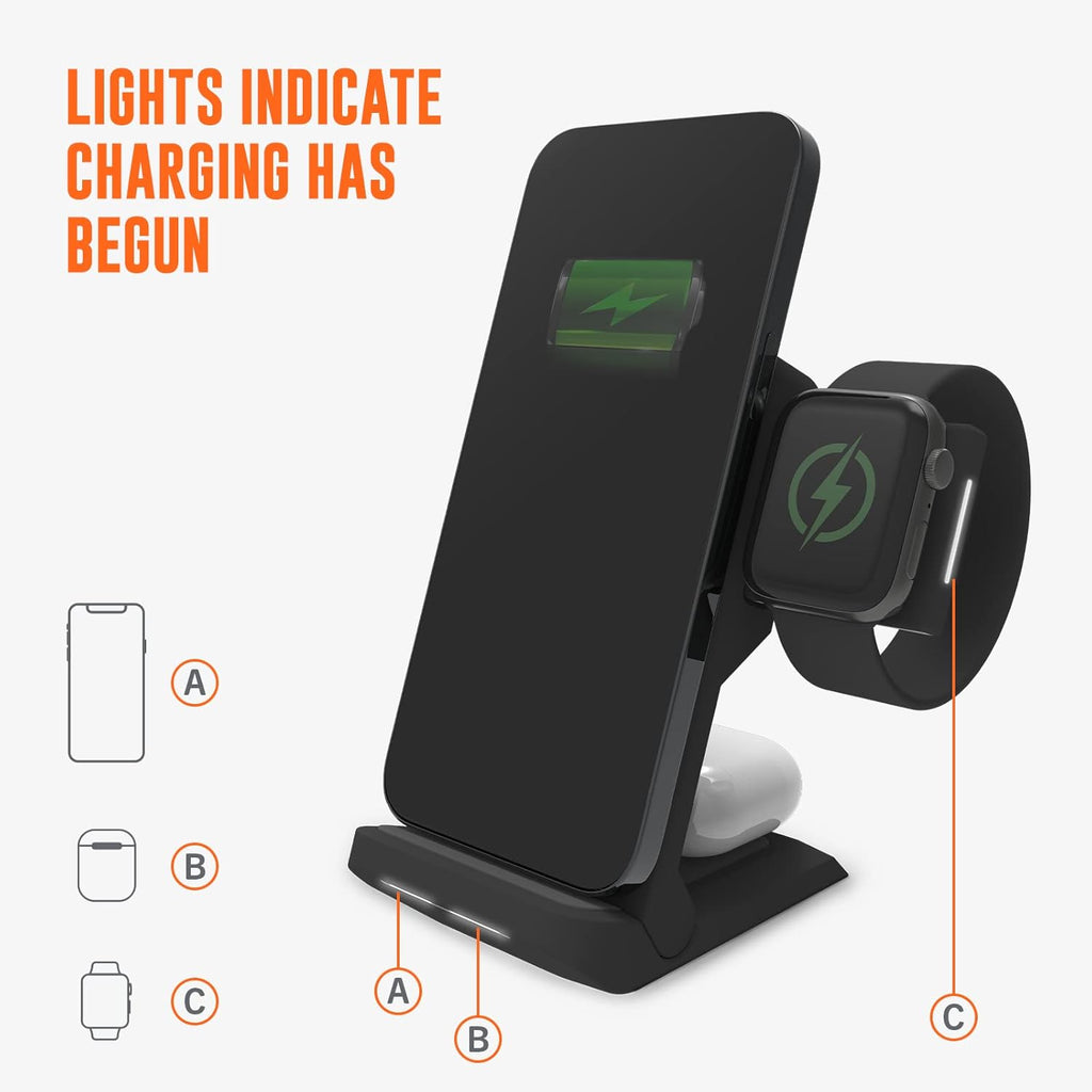 STM ChargeTree Go - 3-in-1 Portable Wireless Charging Station for iPhone, Samsung, Android (15W/7.5W), AirPods (5W), Apple Watch (3W) - Qi Certified - Black