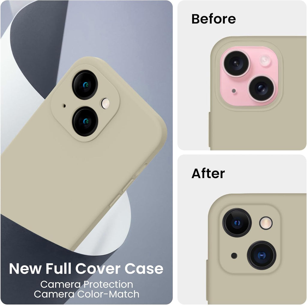 FireNova Designed for iPhone 15 Case, Silicone Upgraded [Camera Protection] Phone Case with [2 Screen Protectors], Soft Anti-Scratch Microfiber Lining Inside, 6.1 inch, Khaki