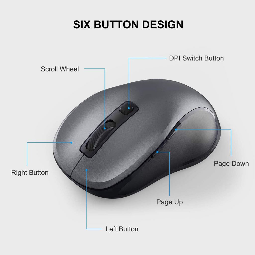WisFox 2.4G Wireless Mouse for Laptop, Ergonomic Computer Mouse with USB Receiver and Type-C Adapter, 3 Adjustable Levels, 6 Button Cordless Mice for Windows Mac PC Notebook (Grey and Black)