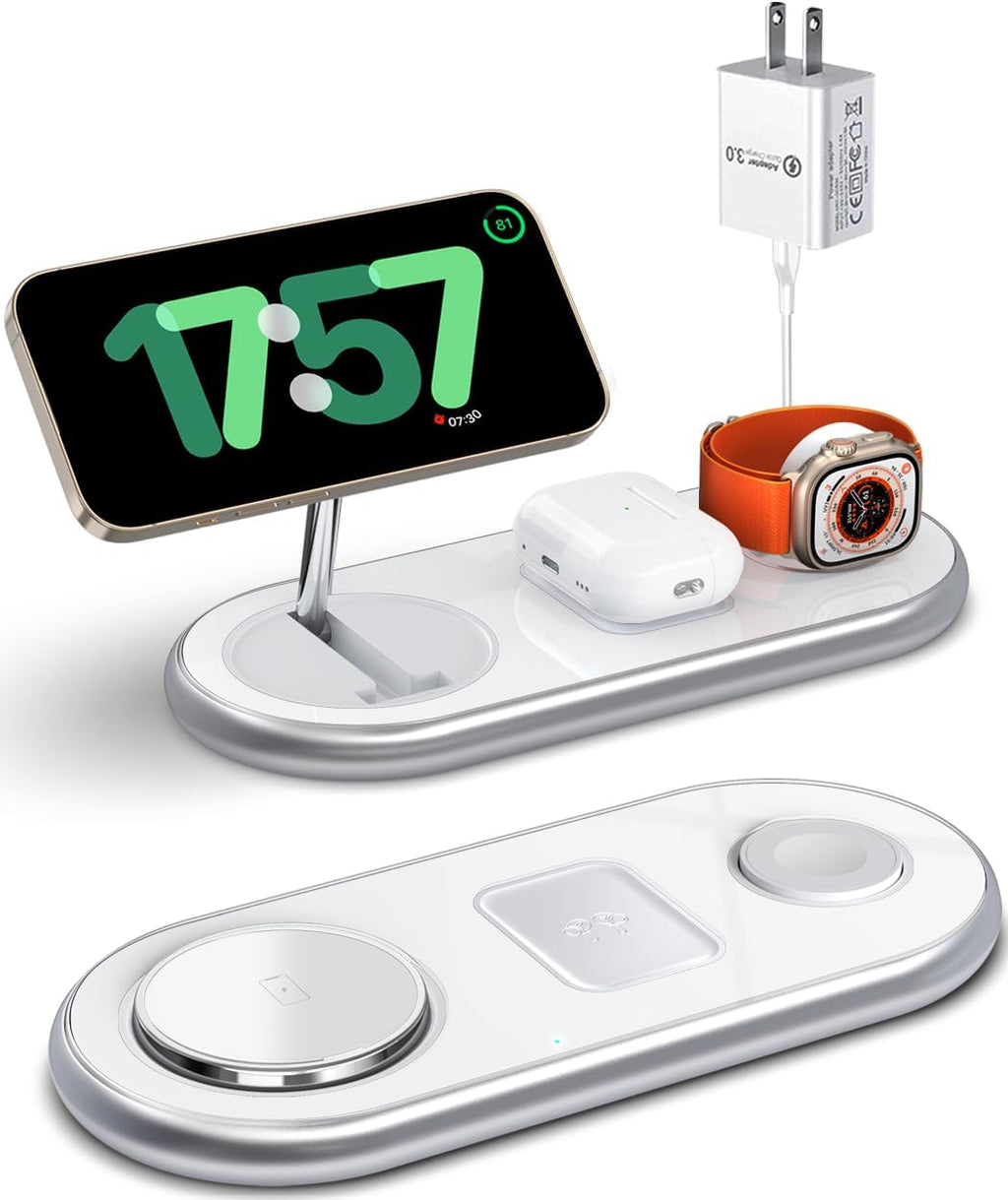 2025 Upgraded 3 in 1 Charging Station for Apple Devices, Fast Magnetic Mag-Safe Wireless Charger Stand for iPhone 15/14/13/12 Series & Apple Watch 1-9/Ultra & AirPods Pro (White)