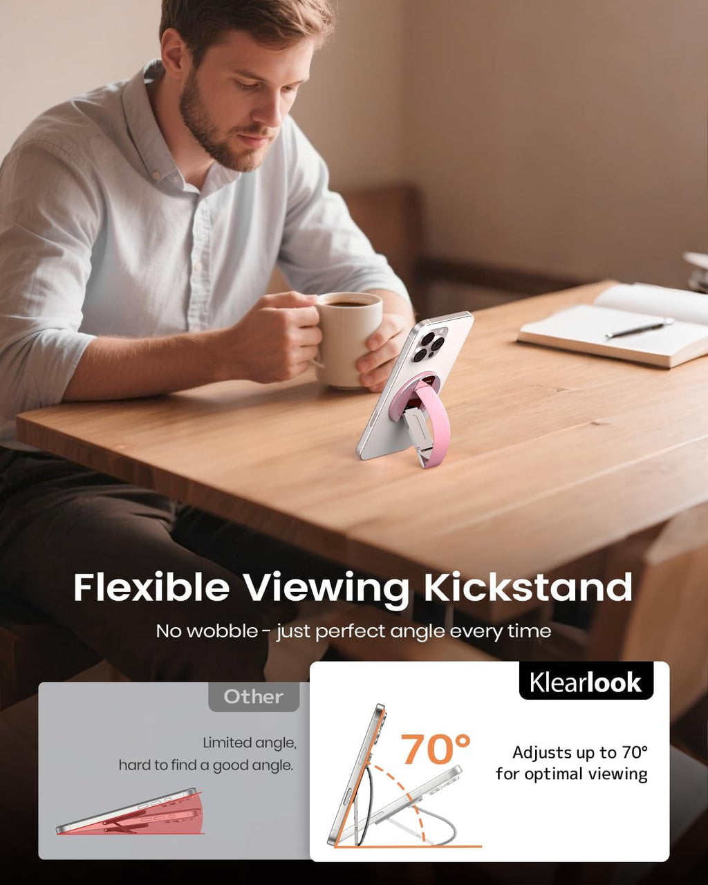 2025 Klearlook for MagSafe Phone Grip with Silicone Finger Strap, Removable Magnetic Phone Ring Holder with Adjustable Kickstand, Finger Phone Ring Grip for iPhone 16/15/14/13/12 Series, Pink