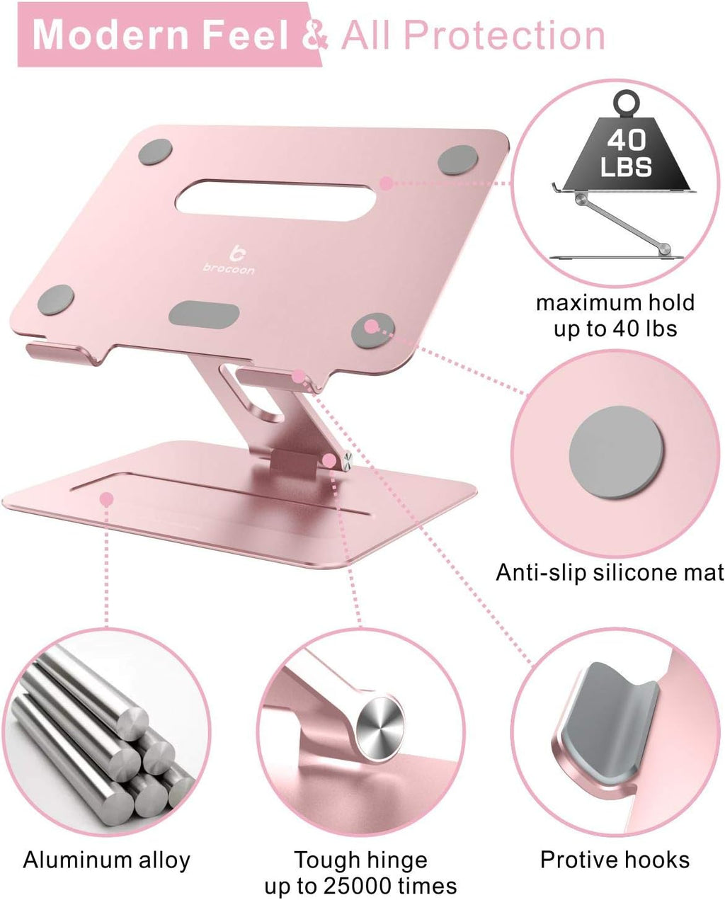 Laptop Stand | Adjustable Aluminum MacBook Riser, Ergonomic Computer Stand with Heat Vent, Fits 10–17" Laptops, Rose Gold