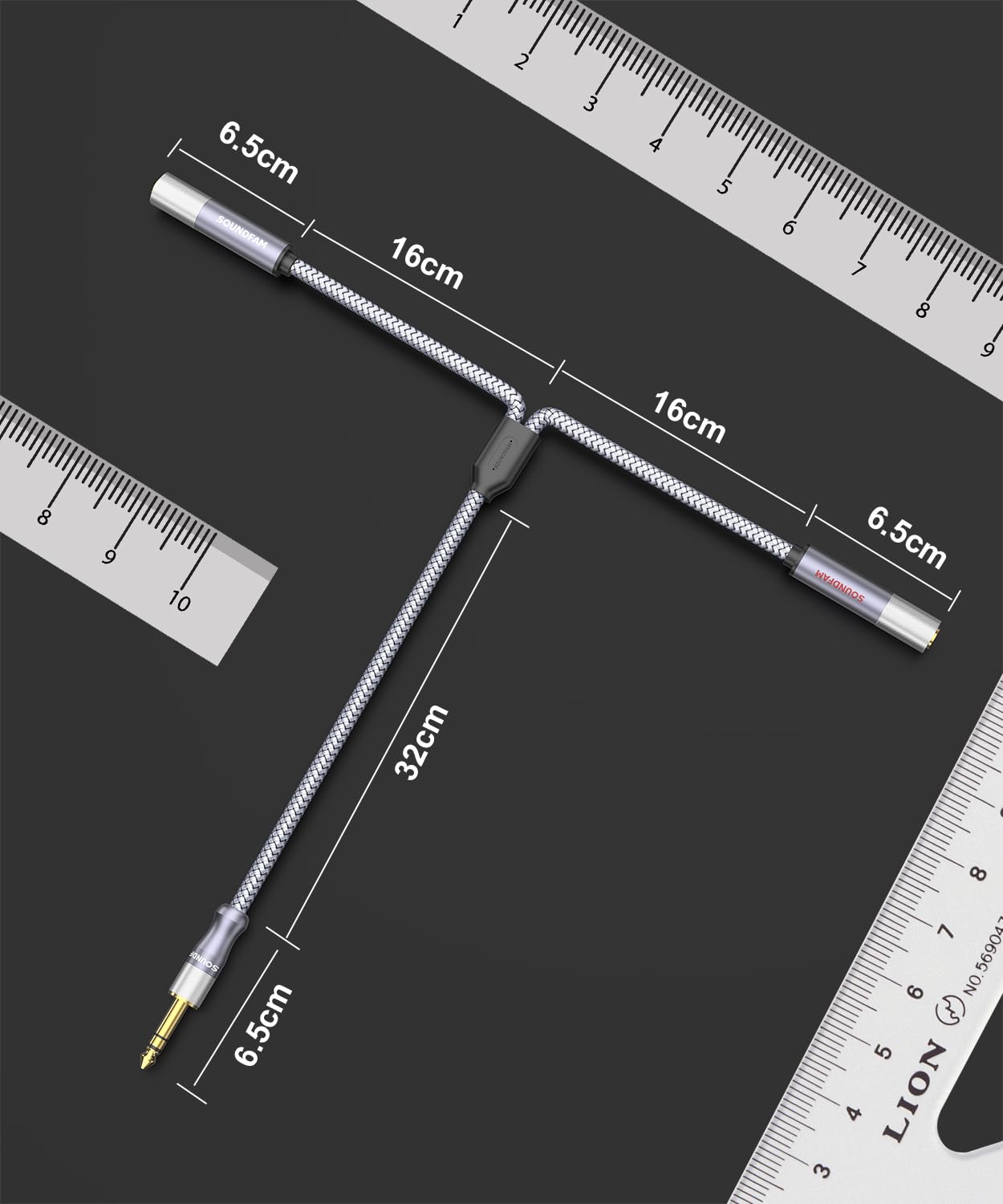 Microphone Splitter 2 Feet/60CM TRS 1/4 inch Splitter 1 Male to 2 Female, 6.35mm Stereo Male Plug to Dual 6.35mm Female-Grey(2PACK)