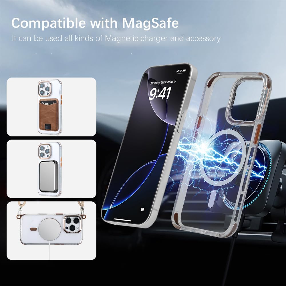 for iPhone 14 Pro Max Case with 62.99 inch Lanyard, Compatible with MagSafe, Shockproof Military-Grade Protection, Yellowing Resistant, Adjustable Strap Magnetic Cover, Classic Clear&Brown