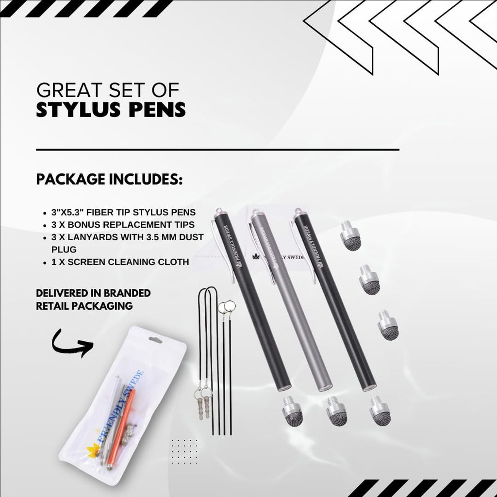 The Friendly Swede Mesh Tip Stylus Pen for Touchscreen — 3-Pack Micro-Knit Capacitive Stylus Pen for iPad & iPhone with 3 Replaceable Fiber Tips, Elastic Lanyards & Screen Cleaning Cloth