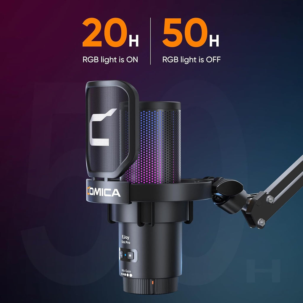 Comica EJoy Uni Pro Wireless USB Condenser Gaming for PC, PS4, PS5, USB C Phone and Mac, Boom Arm RGB Computer Mic for Twitch, Streaming, Podcasting, Noise Cancellation Mic with Mute, Gain, Monitoring