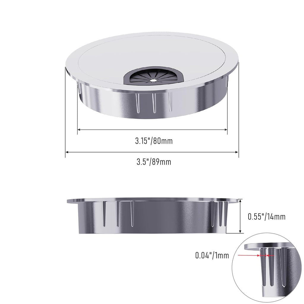 2 Pack Desk Grommet 3-1/8 Inch 80mm, Zinc Alloy Computer Desk Wire Hole Cover, Office Desktop Cord Cable Hole Metal Ring, Silver Tone