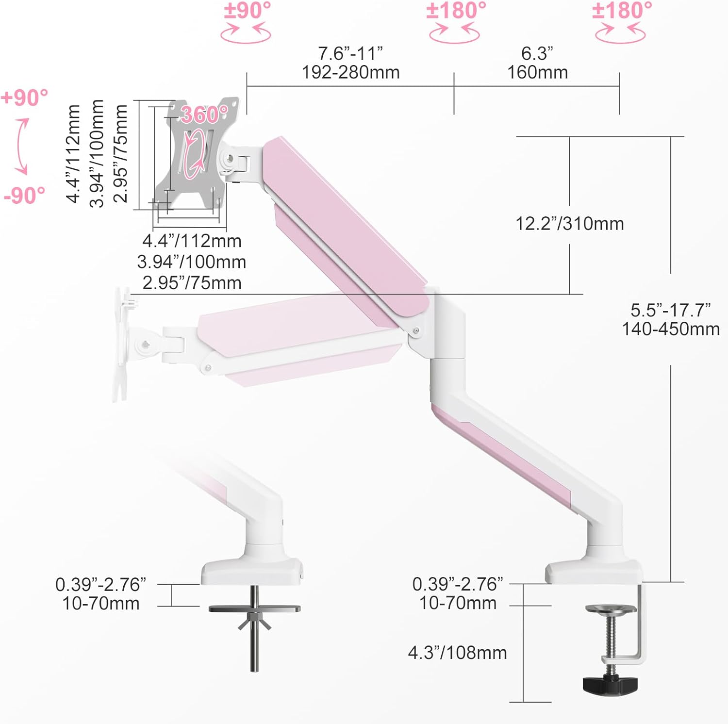 PHOLITEN Single Monitor Arm Fits 13-32 inch,4.4-19.8lbs Screen, Fully Adjustable Gas Spring Arm, Computer Monitor Stand with VESA 75 * 75mm/100 * 100mm Mount,White & Pink