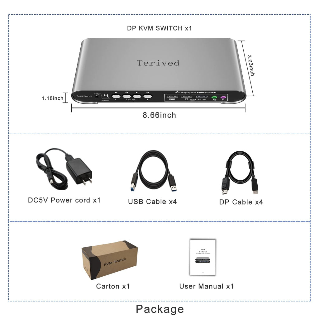 4 Computers 1 DP Monitor Automatic KVM Switch 4K@144Hz 8K30Hz with Complete Cable Set, Hotkey Switching, Support Audio Microphone and USB Hub, Aluminum Alloy Shell, Digital Display, HDR10
