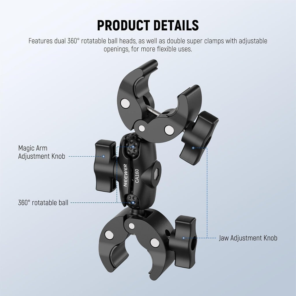 NEEWER Double Super Clamp Mount with Magic Arm, 360° Umbrella Flag Pole Clamp Holder for Desk Photo Studio Light Stand Photography Reflector Scrim Cross Bar Motorcycle Handlebar Stroller Chair, CA160