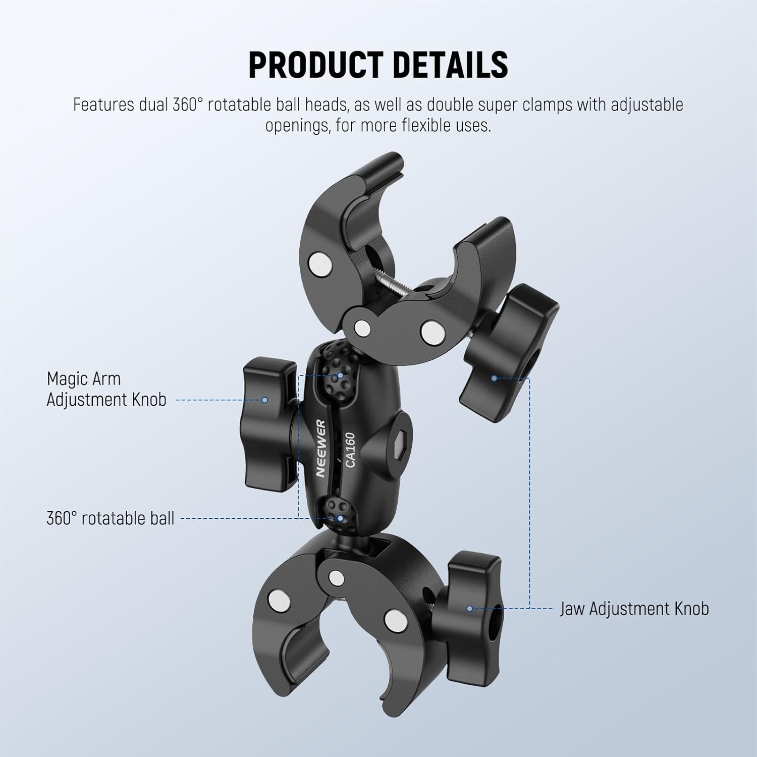 NEEWER Double Super Clamp Mount with Magic Arm, 360° Umbrella Flag Pole Clamp Holder for Desk Photo Studio Light Stand Photography Reflector Scrim Cross Bar Motorcycle Handlebar Stroller Chair, CA160