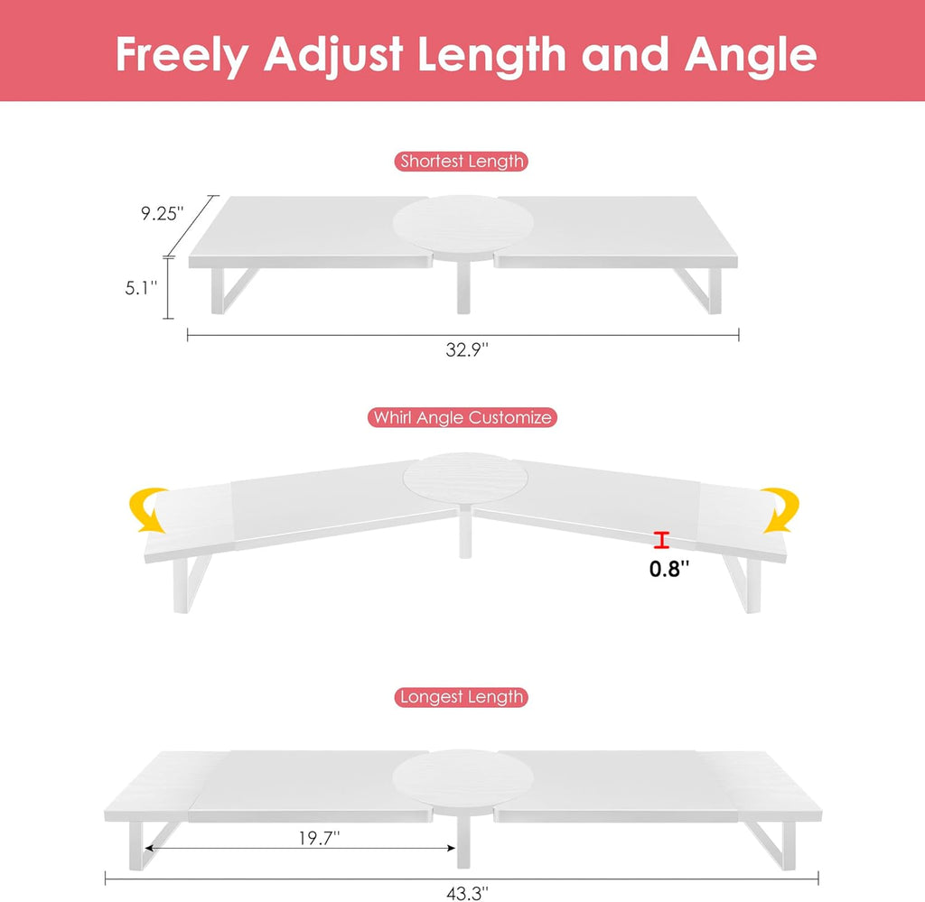 Dual-Monitor-Riser-Stand-For-Desk, Large Monitor Stand Riser For 2 Monitors With Adjustable Length Angle, Double Computer Riser For Desktop Organizer, Monitor Shelf Riser