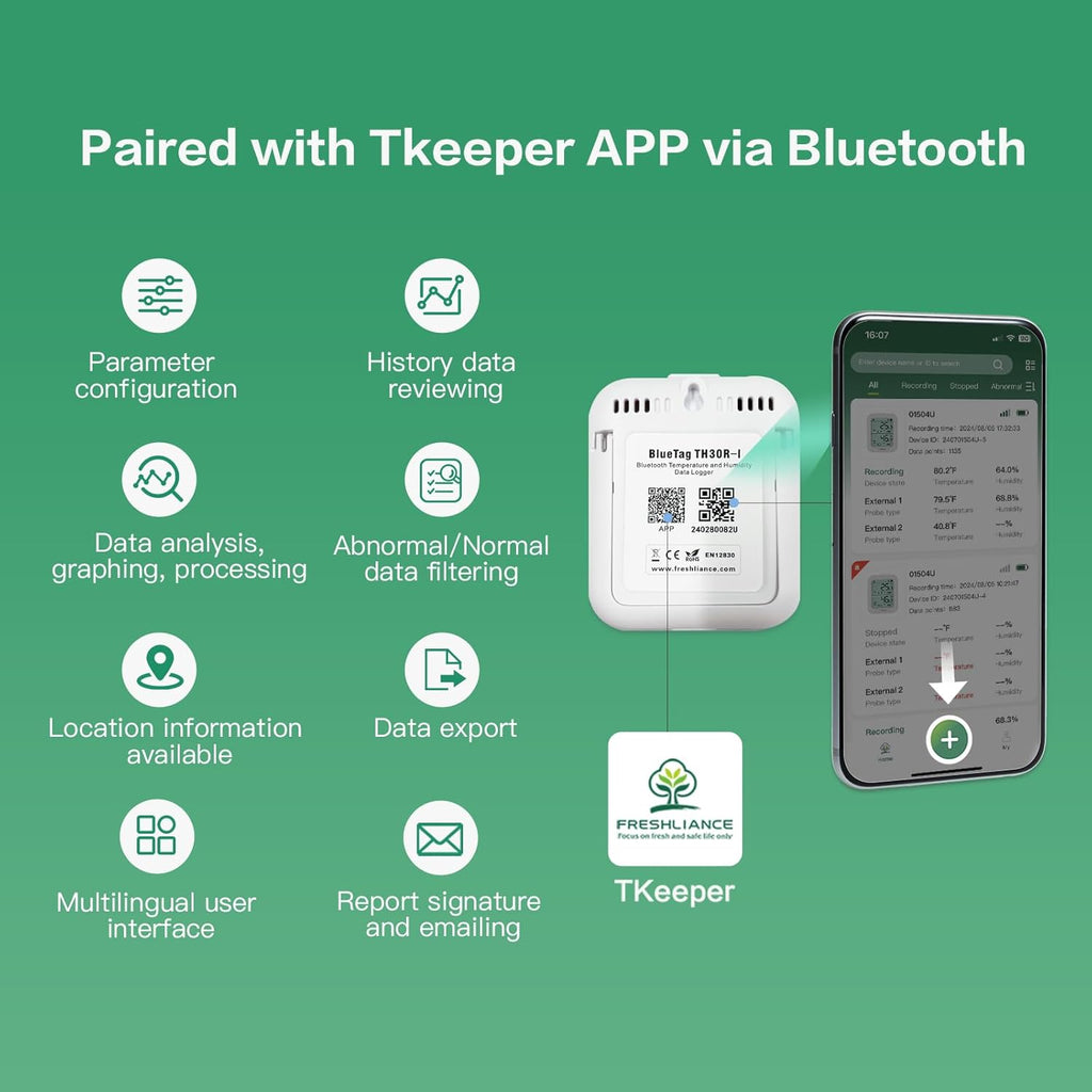 Freshliance Temperature Humidity Data Logger Recorder Bluetooth with 2pcs External Probe, Digital Refrigerator Thermometer Hygrometer, Remote Data Recording Analysis Alarm by Smart APP,BlueTag TH30R-I