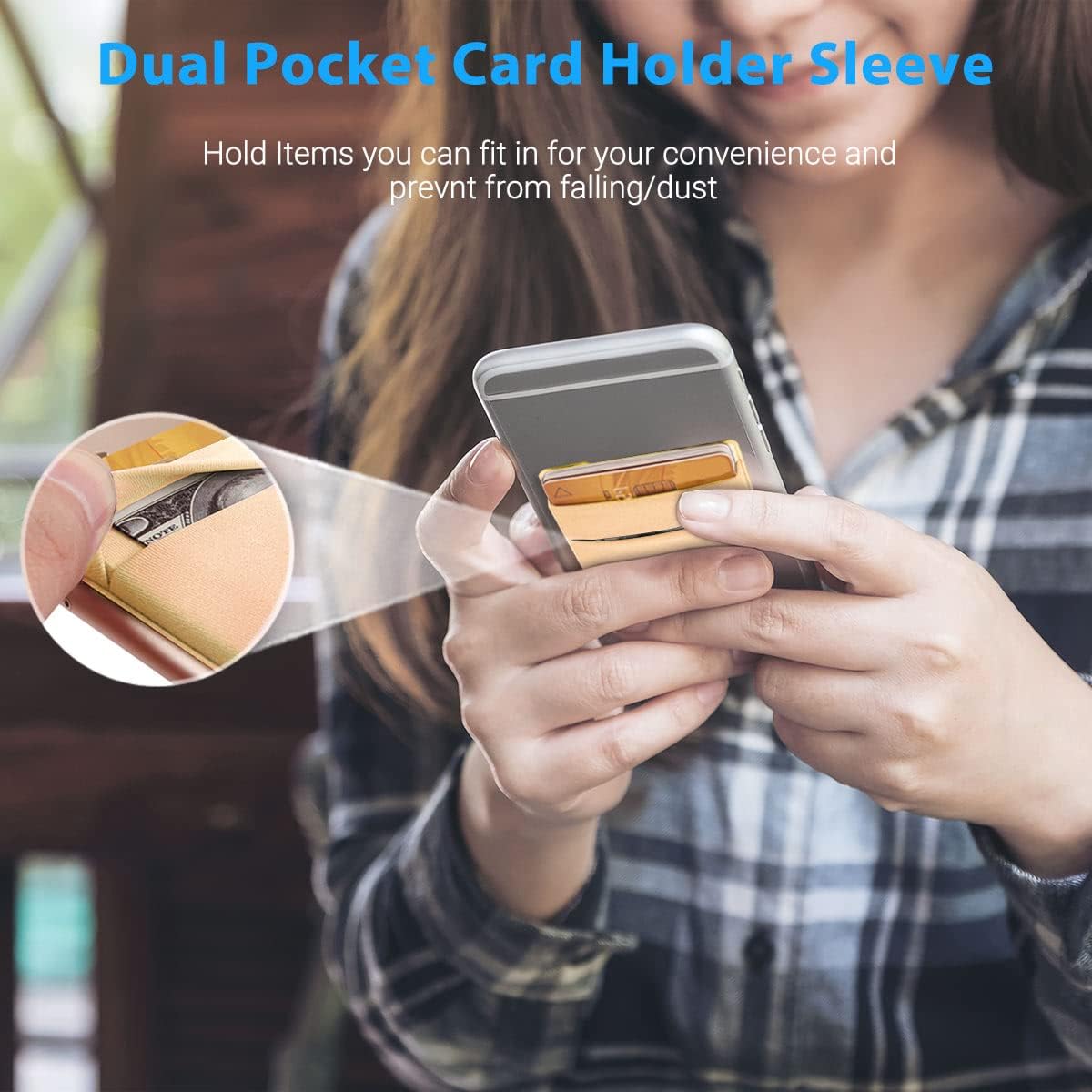 2 Pack Stick On Wallet Sleeve Cell Phone Dual Pocket Card Holder Double Pocket Pouch for iPhone Android Smartphone (2 Pack Gold)