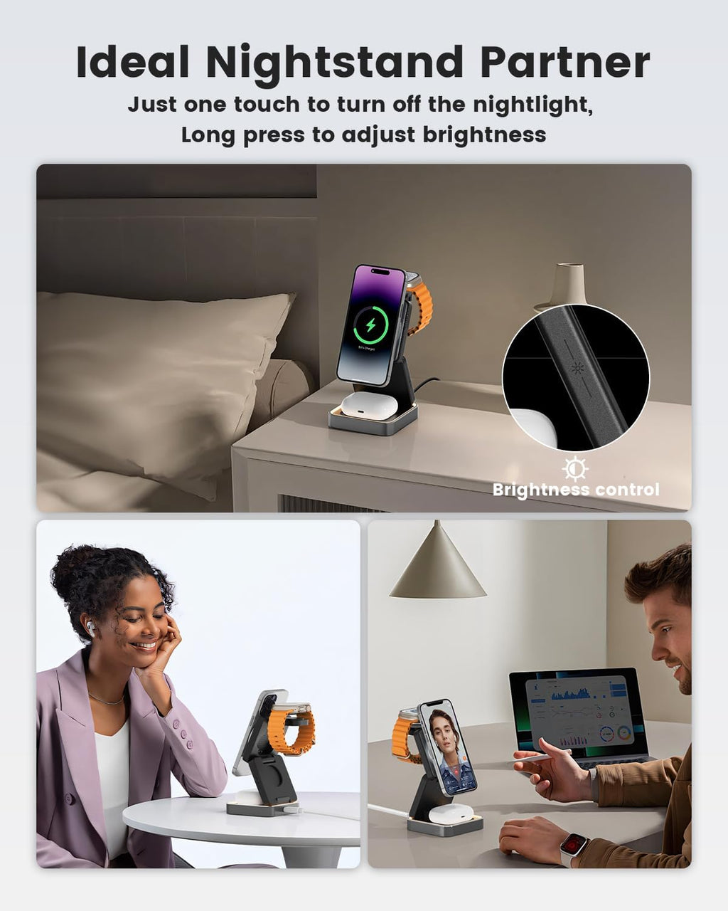 3-in-1 Wireless Charger for iPhone,15W Fast Wireless Charging Station Compatible with Mag-Safe Charger,Magnetic Foldable Travel Charger Stand Nightstand for iPhone 16/15/14/13/12,Apple Watch&AirPods