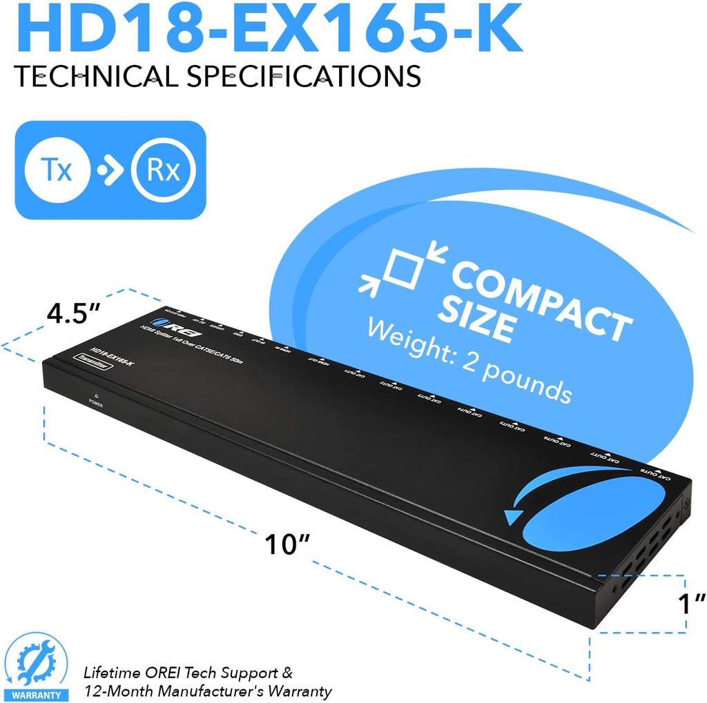 OREI 4K 1x8 HDMI Extender Splitter Multiple Over CAT 6/7 Cable with EDID management - 4K@30Hz upto 165ft and 1080p@60Hz upto 230ft- Loop Out