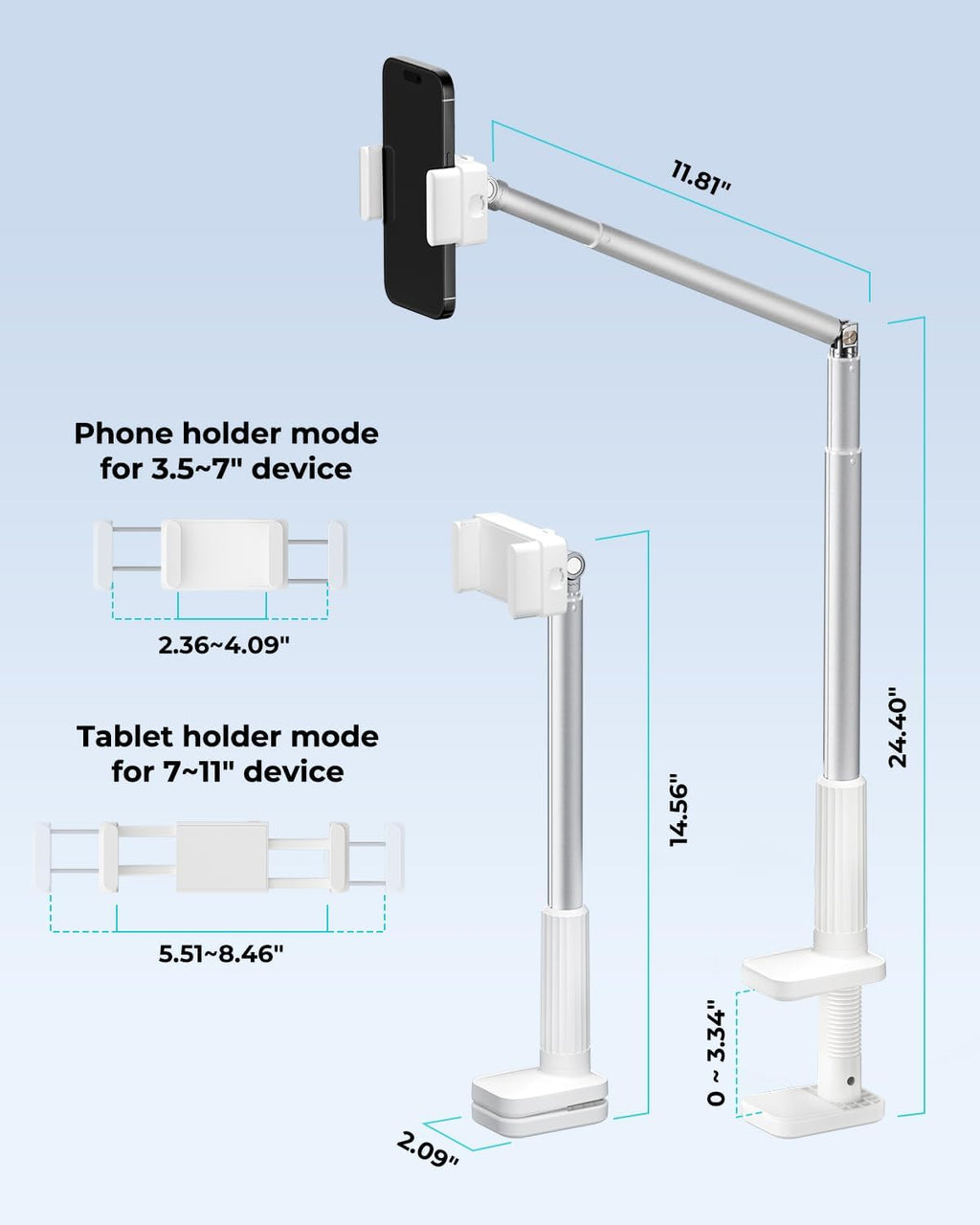 Viozon Tablet Holder Stand, Phone/Kindle Holder with Flexible Aluminum Alloy Long Arm, C Clamp for Headboard Bedside&Table, Compatible with 3.5-11" iPad,Kindle, iPhone 15 14 Plus/Pro Max,W