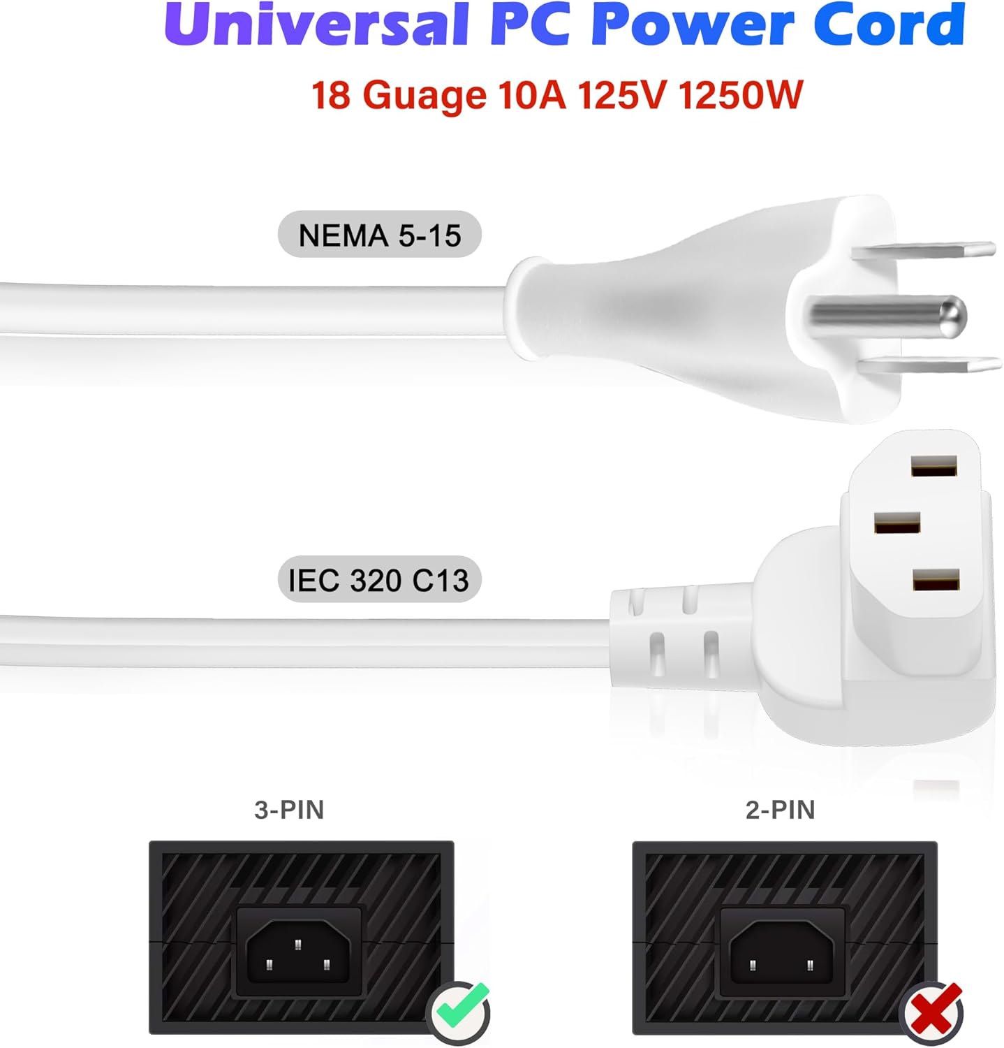 Adoreen 2 Ft Computer TV Replacement Power Cord White, 90 Degree Angled L-Shaped 18AWG 3-Prong AC Universal Power Supply Cable NEMA 5-15P to IEC 320 C13 for Printer, PC, Monitor TV LCD, ETL+Ties