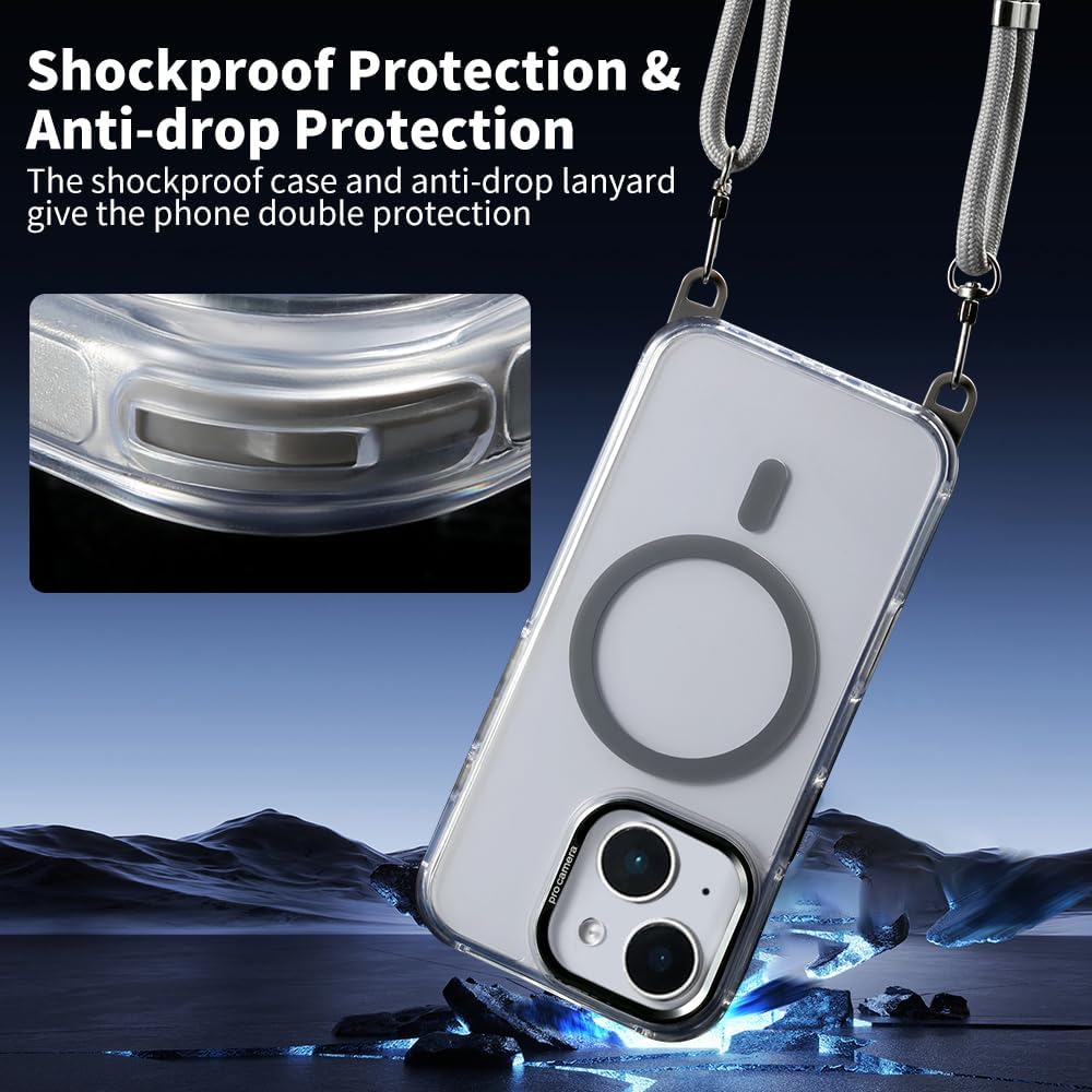 for iPhone 15 Case with 62.99 inch Lanyard, Classic Clear&Gray Magnetic Phone Case, Drop&Shockproof Protection Cases, Phone Lanyard for Around The Neck, Compatible with Magnet Accessory
