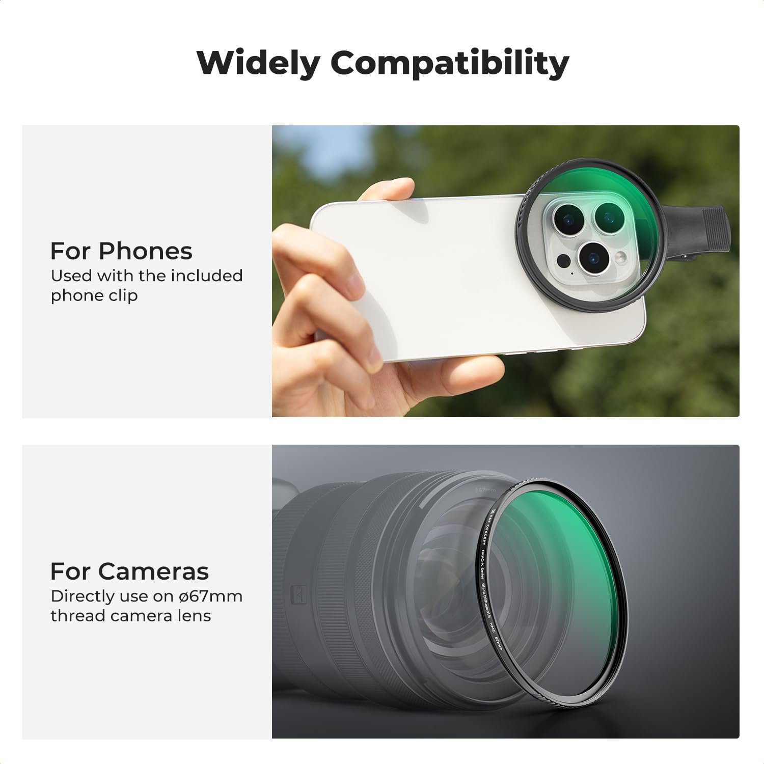 K&F Concept 67mm Clip-on Black Diffusion 1/4 Phone Camera Lens Filter Kit, Mist Cinematic Effect Filter Compatible with iPhone 16 15 14 13 12 11, for Video/Vlog/Portrait Photography