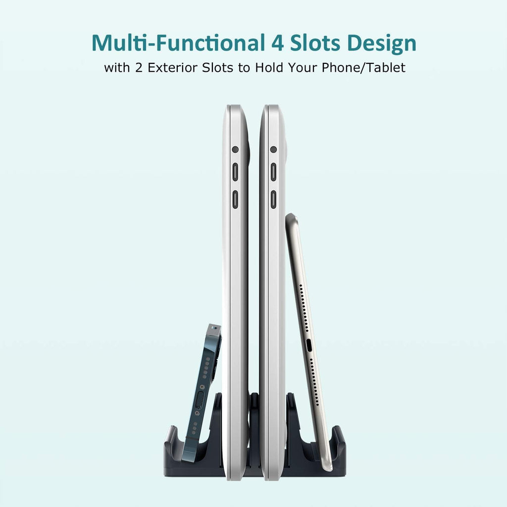 Vertical Laptop Stand - SPACEMax Adjustable GRIPLock Anti-Tip Silicone 4 Slots Aluminum Desktop Holder - Double Dock Stand - 2 Phone Slots Fits Up to 17.3” Laptops, Tablets, Phones - Gray