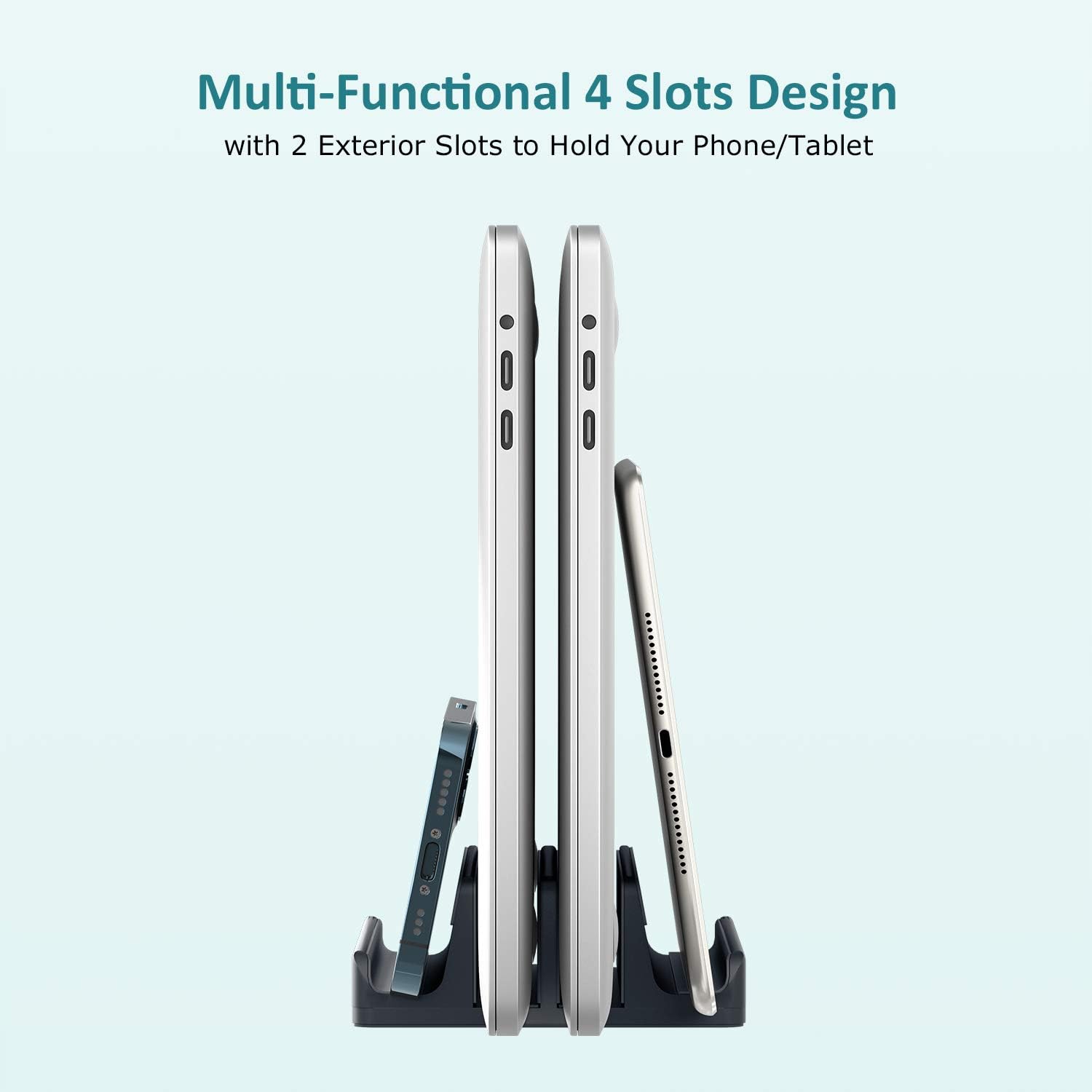 Vertical Laptop Stand - SPACEMax Adjustable GRIPLock Anti-Tip Silicone 4 Slots Aluminum Desktop Holder - Double Dock Stand - 2 Phone Slots Fits Up to 17.3” Laptops, Tablets, Phones - Gray