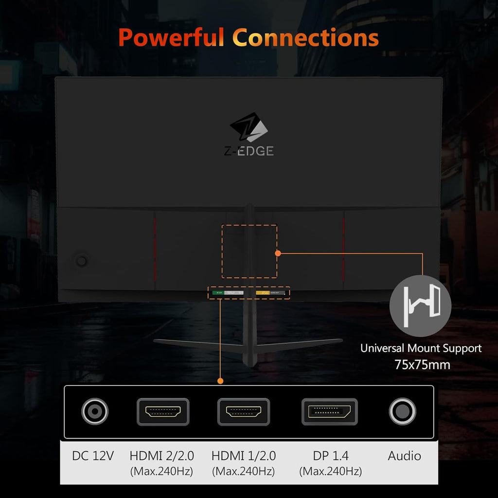 Z-Edge 24.5 inch 240Hz 165Hz 144Hz Gaming Monitor, FHD 1080p, MPRT 1ms, VA Monitor Gaming, 350nits, 16.7M Colors, 5000:1 Contrast, UG25I Frameless Bezel, DP x1, HDMI x2