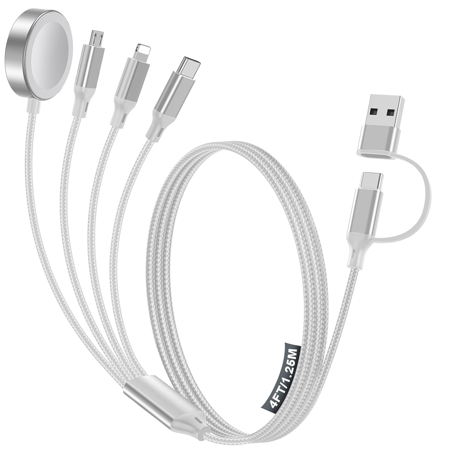 4-in-2 Multi Charging Cable for Apple Watch Charger/Samsung/iPhone Charger,Car/Office/Camping/Travel Essentials,Type C Cable Cord for iWatch Ultra/10-2/iPhone 16-11/Samsung S25-S20,iPad,airPods-White