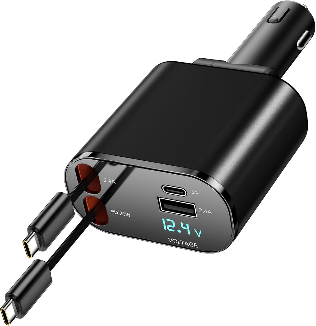 Retractable Car Charger Compatible with Galaxy Pixel, 4 in 1 Fast Charging Car Charger 60W, Double Type C Retractable Cable and 2 USB Ports