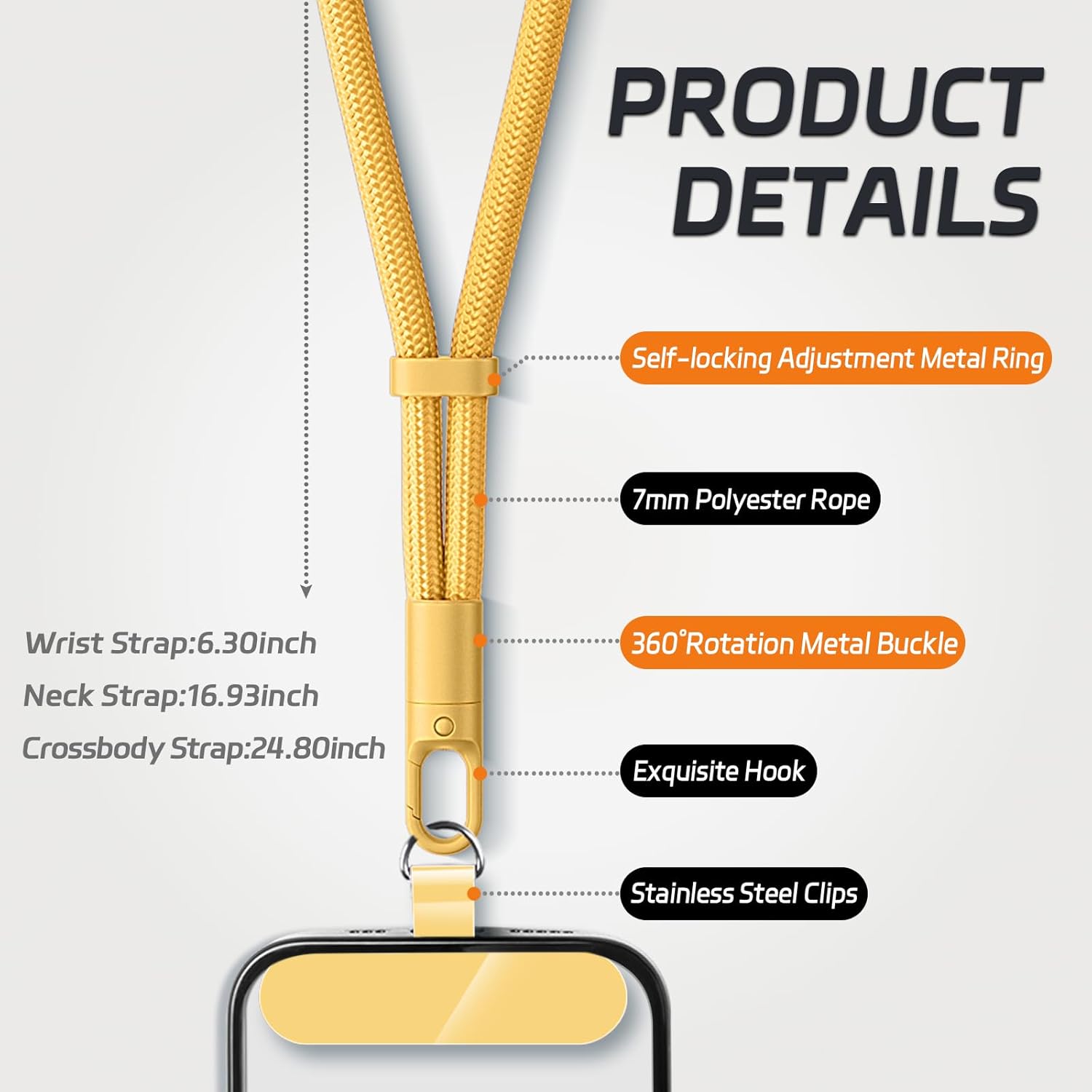 3 Pack Phone Lanyard,1×Phone crossbody strap,1×Phone Neck Strap,1×Wrist Strap,3×Tether Tabs,Universal Cell Phone Multifuctional Patch Polyester Lanyards(Yellow)