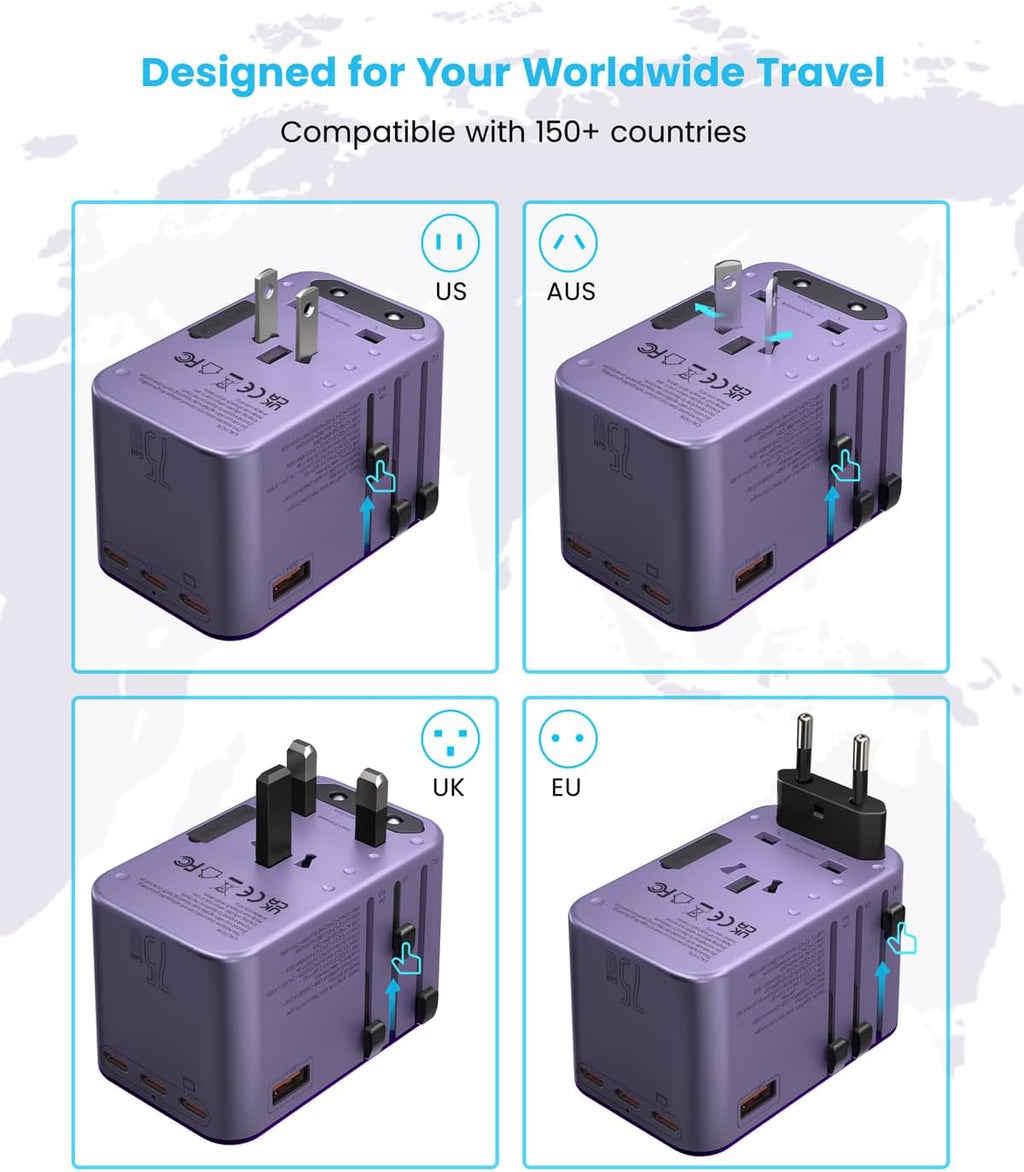 Universal Travel Adapter, VINTAR 75W GaN International Power Adapter with 3 USB C PD and 2 USB A QC, All in One Travel Essentials for UK/EU/USA/AUS, Travel Adapter Worldwide for Laptops Phones, Purple
