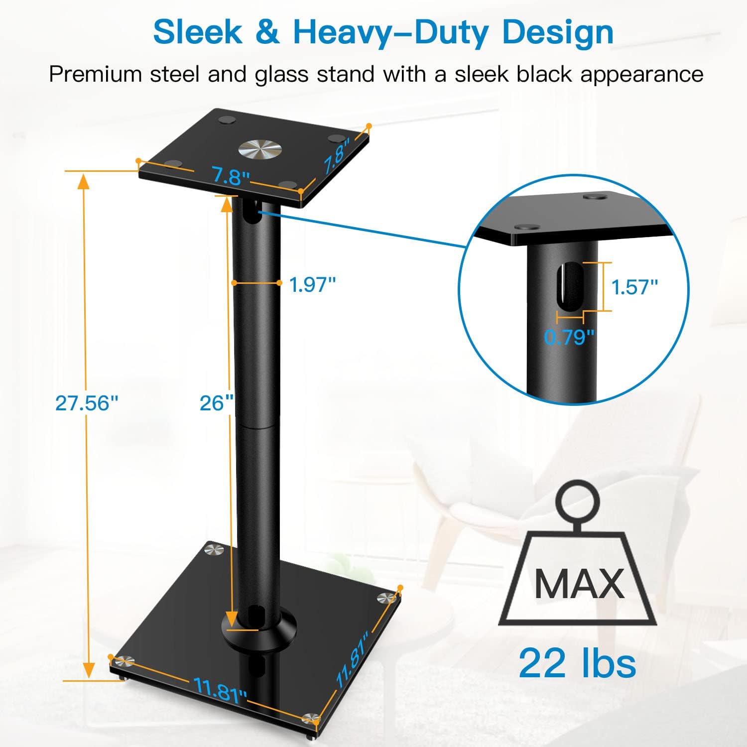 PERLESMITH Universal Floor Speaker Stands 26 Inch for Surround Sound, Klipsch, Sony, Edifier, Yamaha, Polk & Other Bookshelf Speakers Weight up to 22lbs - 1 Pair
